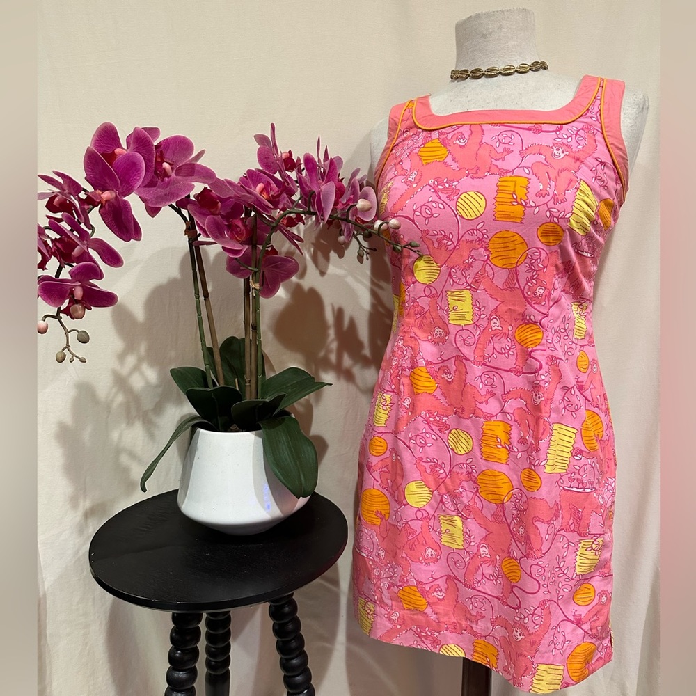 Lilly Pulitzer vintage pink monkey and lanterns (barrel of monkies) dress